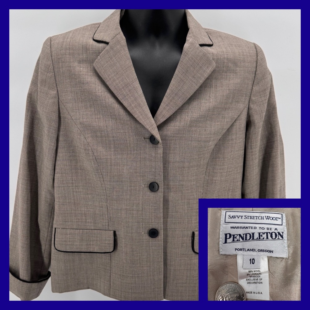 Vintage Pendleton Savvy Stretch Wool Blazer Women's‎ 10 Brown Check Made in USA